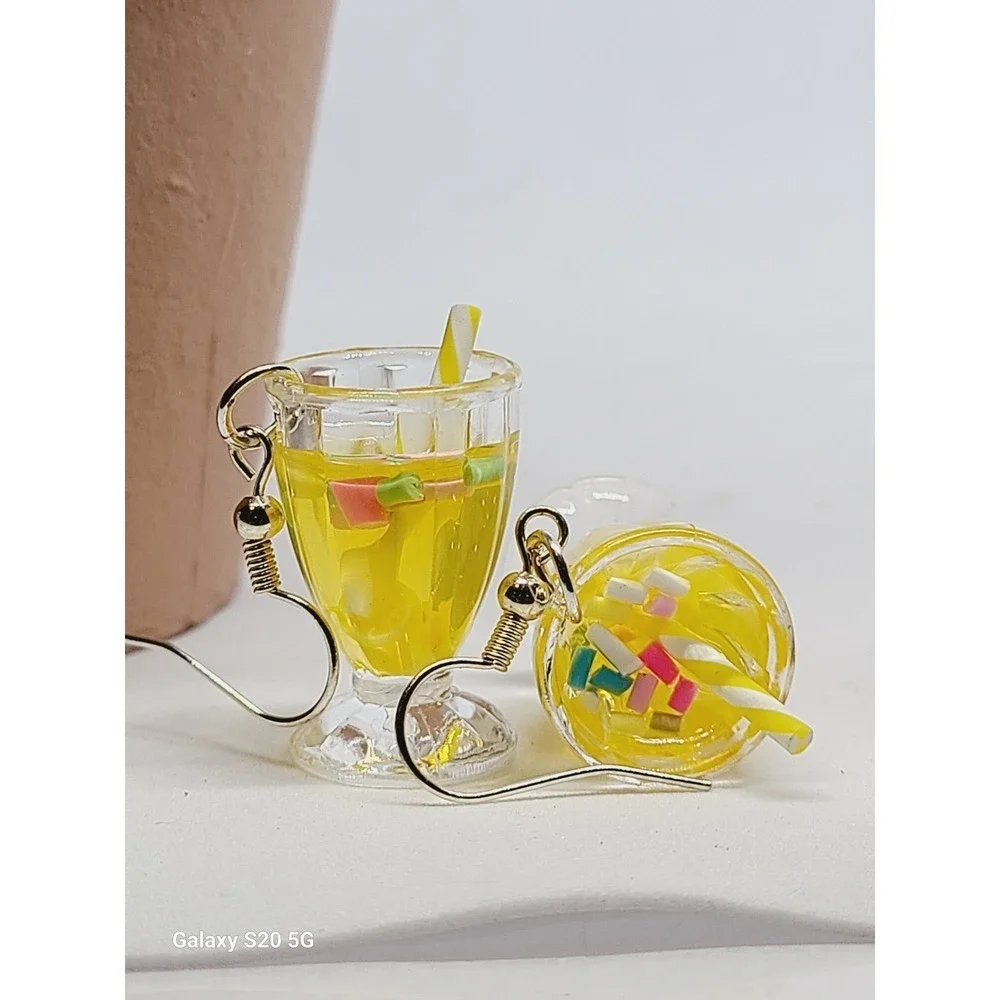 Handmade Yellow Lemonade Glass Drink Earrings Miniature Food Dangle Drops Summer